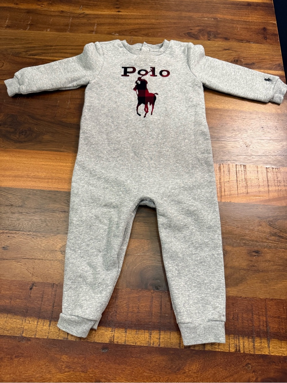 Ralph Lauren Polo Baby Boys Gray Fleece One-Piece Romper 18M Plaid Big Pony
